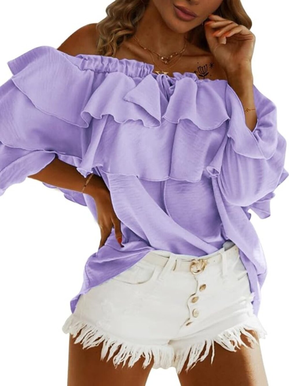 Women's Off Shoulder Ruffle Summer Long Sleeve Blouse, L  106